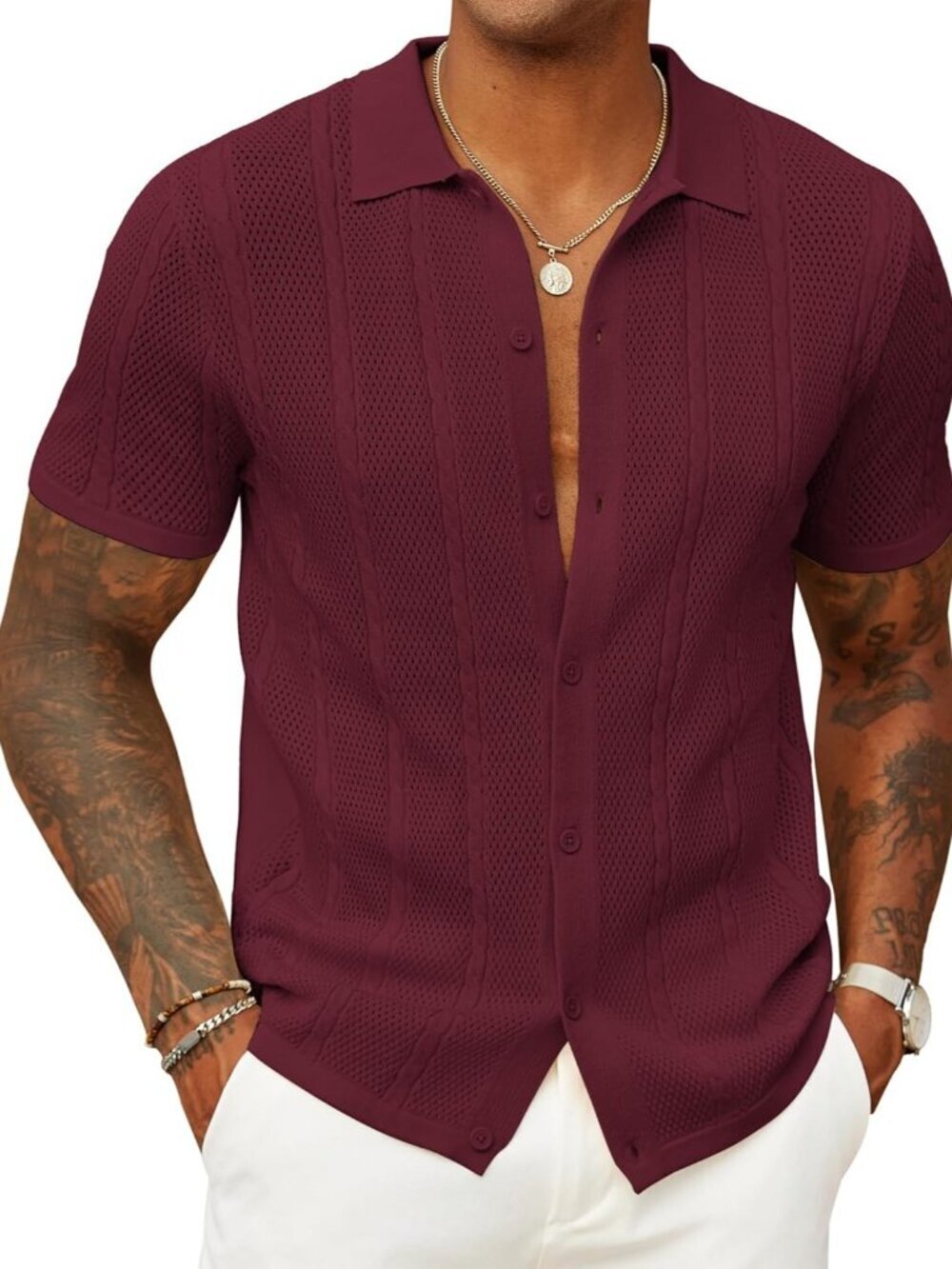 Men’s Wine Red Knit Button-Down Polo Summer Beach Casual Top Shirt